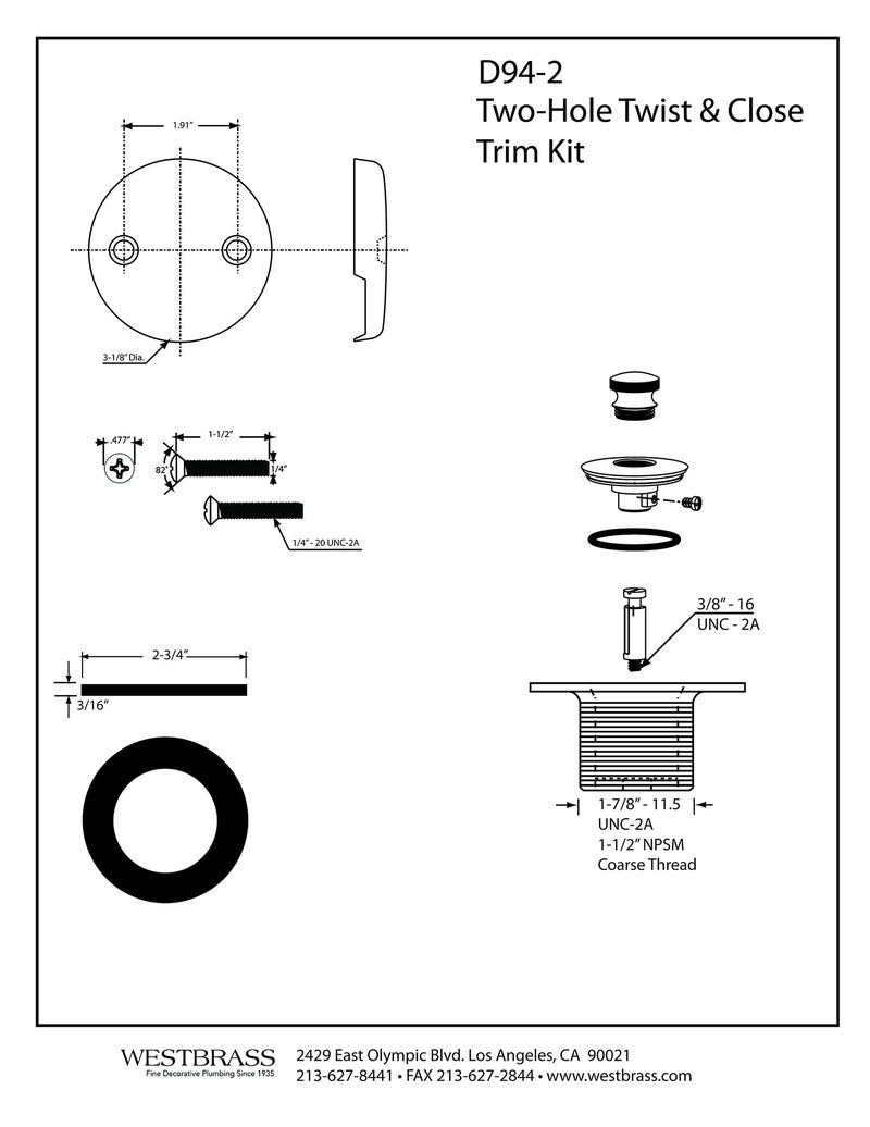 Westbrass Twist & Close Tub Trim Set with Two-Hole Overflow Faceplate, Satin Nickel, D94-2-07 - Image 2
